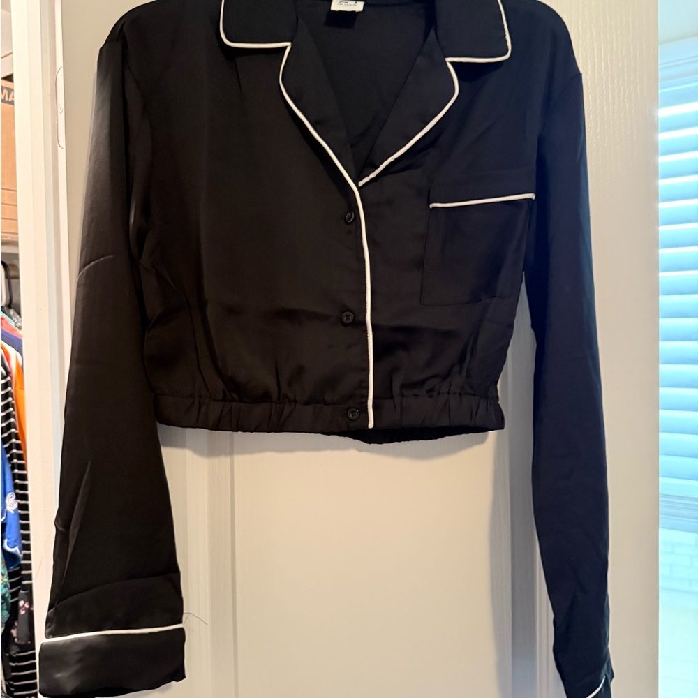 Black Satin Pajama Top with White Trim